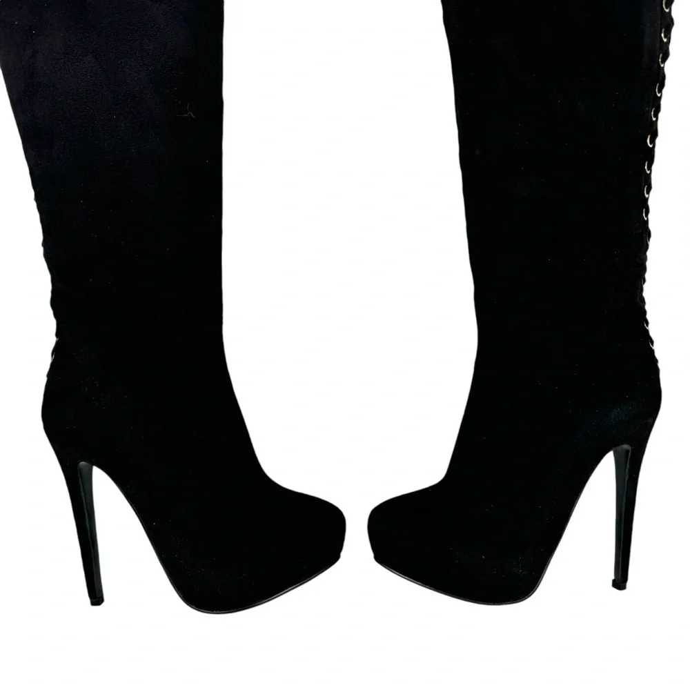 Steve Madden Ladysnte Lace Up Thigh High Boots Platform Black Faux Suede SZ 6.5